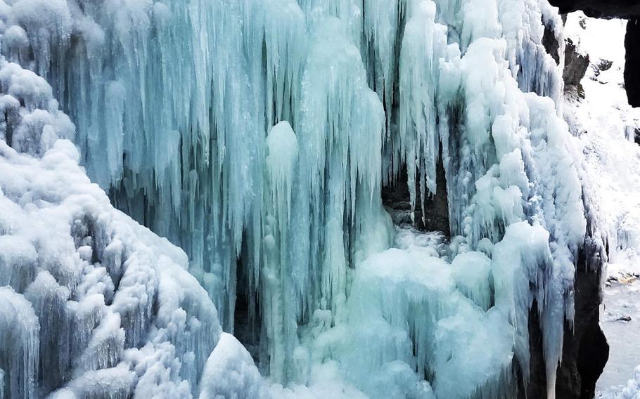 A wall of icicles at Partnach Gorge, in Garmisch, Germany, in February, 2019.