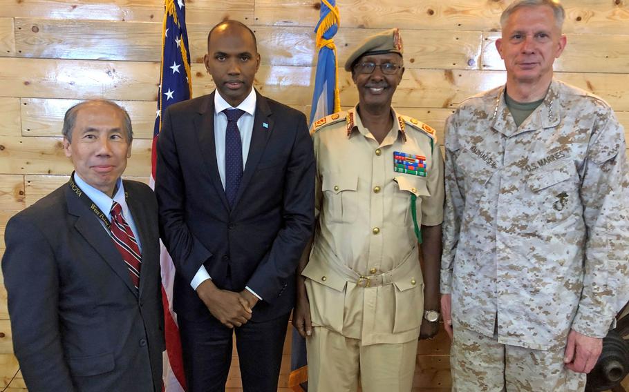 U.S. Marine Corps Gen. Thomas D. Waldhauser, commander of U.S. Africa Command, and U.S. Ambassador to Somalia Donald Yamamoto met with senior Somali officials during a visit to Mogadishu, Somalia, March 20, 2019. 