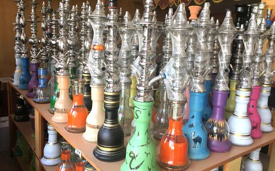 Shisha pipes are on display at a shop in Qudaibiya, Bahrain, on March 29, 2019. Qudaibiya, is a pocket of Manama where service members can experience an affordable and authentic cultural experience of great food, shopping and exploration. 

