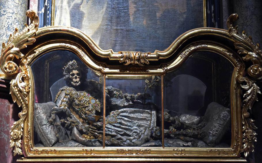 One of the skeletons in the Waldsassen Basilica, in Waldsassen, Germany, Wednesday, April 3, 2019.