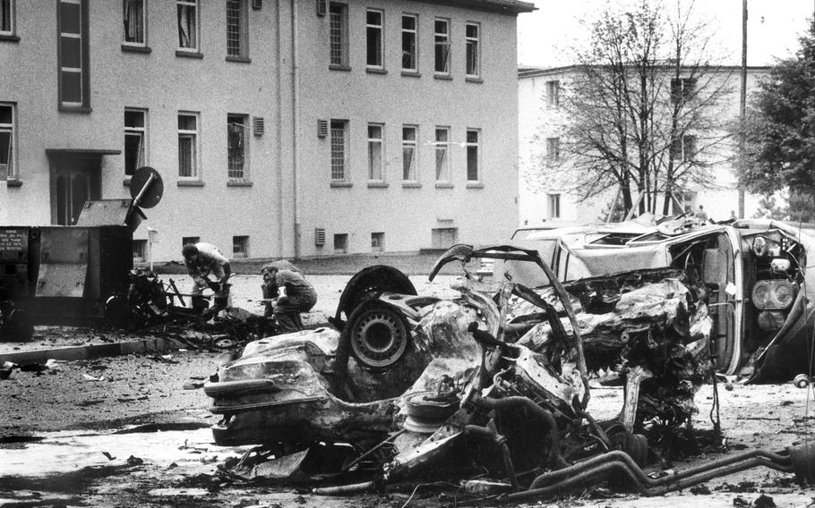 The carnage after a terrorist's bomb went off in front of the headquarters building at Rhein-Main Air Base, Germany on Aug. 8, 1985. Two Americans were killed in the blast. Spc. Edward Pimental had been murdered the night before for his identification card and the access to the base it provided. The documentary ''The Worst Thing'' is about Pimental's death.
