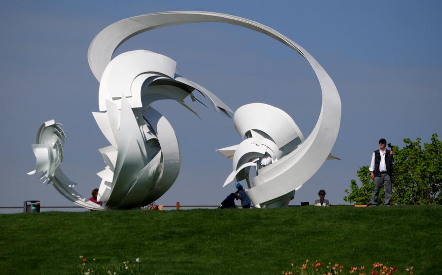 Hoop-La, a giant sculpture by American artist Alice Aycock, is one of many works of art spread out through the gardens of the Bundesgartenschau in Heilbronn, Germany. The federal garden show runs through Oct. 6, 2019.