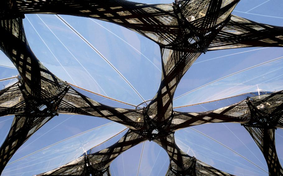 A closeup of the Faserpavillon, or fiber pavilion, at the Bundesgartenschau in Heilbronn, Germany. It is made of glass and carbon fibers.