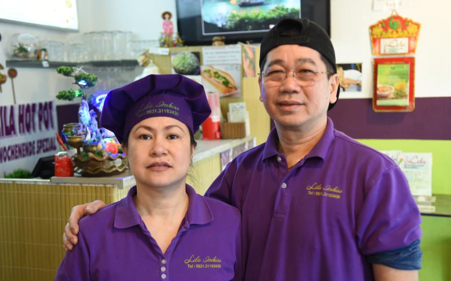 Wife and husband Thi My Hanh and Hoa Hiep Nguyen, left to right, cook authenthic south Vietnamese dishes at their restaurant, Lila, in Kaiserslautern, Germany.