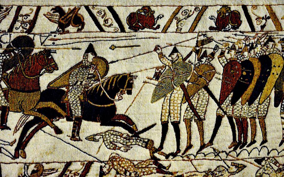 You can't take photos of the Bayeux Tapestry, but you can buy woven replicas of sections of it at the museum gift shop. This one, depicting the Battle of Hastings, costs a pretty penny at 299 euros. But cheaper versions can be found. The tapestry is an 11th-century embroidery of wool yarn on woven linen, 230 feet long and 20 inches tall. It recounts the tale of the conquest of England in 1066, by William the Conqueror.