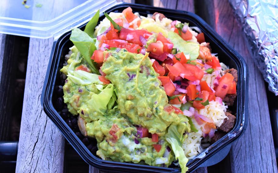 Top-notch ingredients make for a great final product at Benji's Burrito Bistro in Landstuhl, Germany. This bowl features steak, shrimp, rice, guacamole, pico de gallo and lettuce.