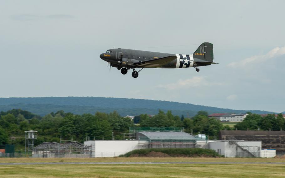 A C-47 Skytrain takes off during the 70th anniversary commemoration of the end of the Berlin Airlift at Clay Kaserne airfield, Monday, June 10, 2019. 