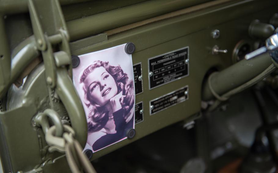 A photo of Rita Hayworth adorns the dash of a Dodge WC56, known as the command car, during the 70th anniversary commemoration of the end of the Berlin Airlift at Clay Kaserne airfield, Monday, June 10, 2019. 