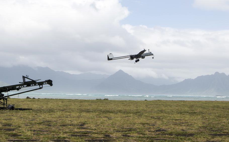 An RQ-7B Shadow unmanned aerial system is launched during training at Marine Corps Air Station Kaneohe Bay, Hawaii, Oct. 13, 2017.
