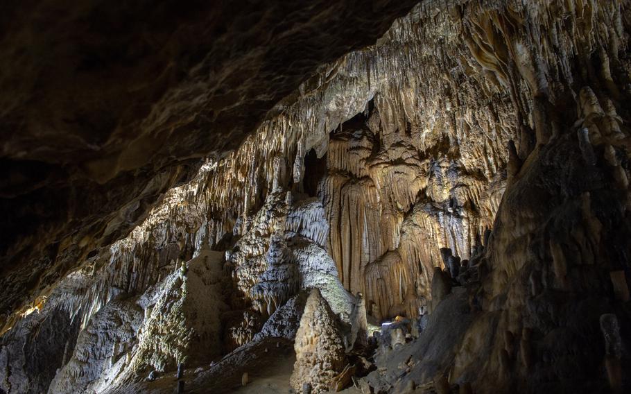 Stalactites, stalagmites, columns and draperies are abundant in the cave at the Domain of the Caves of Han, Han-sur-Lesse, Belgium.