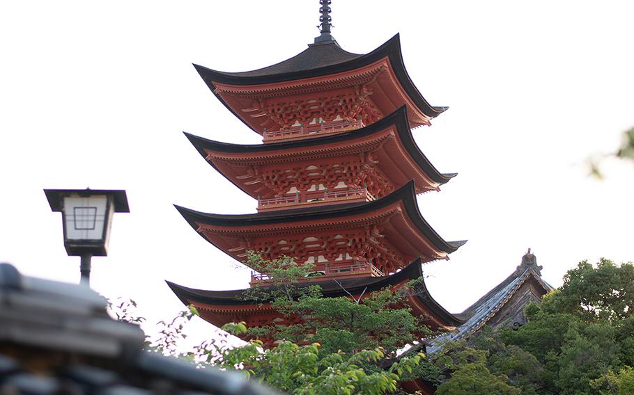 The five-story Tahoto Pagoda pokes above the cherry trees at Miyajima, Japan.