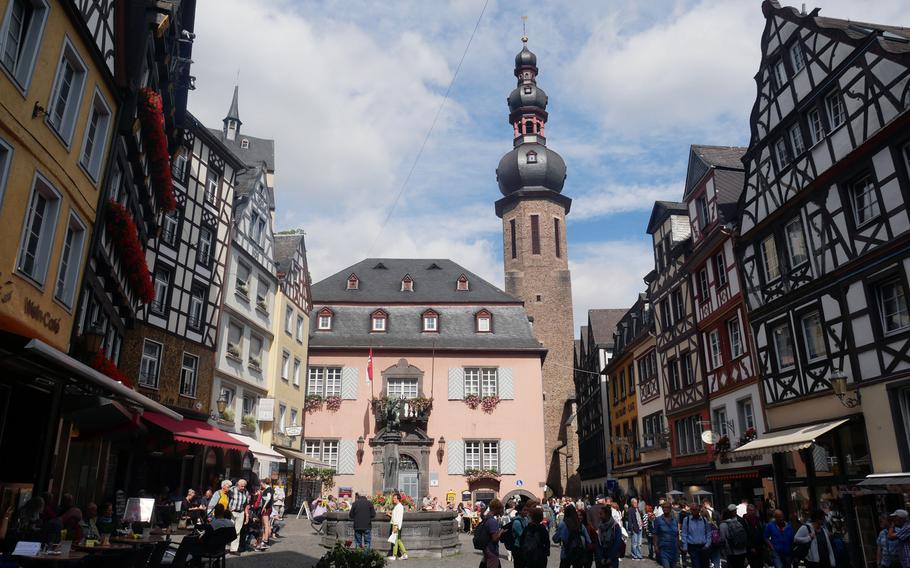 The colorful marketplace in Cochem, Germany. The city is a popular tourist destination for sightseeing, boat rides on the Moselle River, wine tasting and for bikers and hikers.