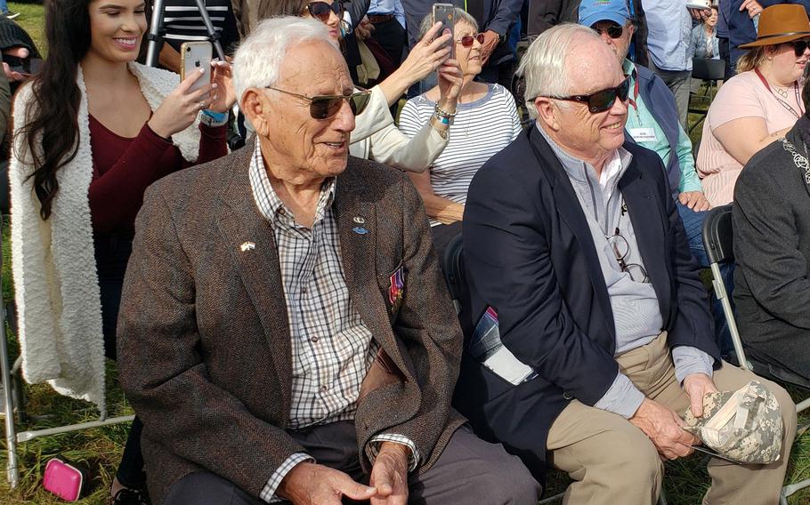 Gene Metcalfe, left, and Richard Blankenship sit as guests of honor before receiving the Military Order of William Orange Lanyard, the Netherlands highest award, September 18, 2019. Richard Blankenship accepted the award on behalf of his father, Robert C. Blankenship, who passed away in 1970. The men earned the award based on their actions and participation in Operation Market Garden and the liberation of the Netherlands from Nazi Germany forces.