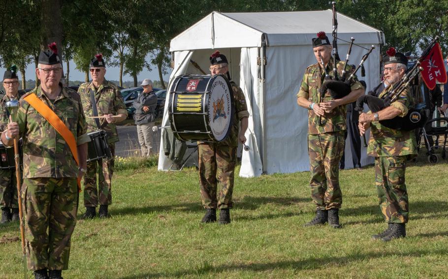 Dutch musicians of the 11th Airmobile Brigade, play during the commemoration of the 75th anniversary of Operation Market Garden and the presentation of the Military Order of William to WWII veterans in Groesbeek, the Netherlands on Sept. 18, 2019.