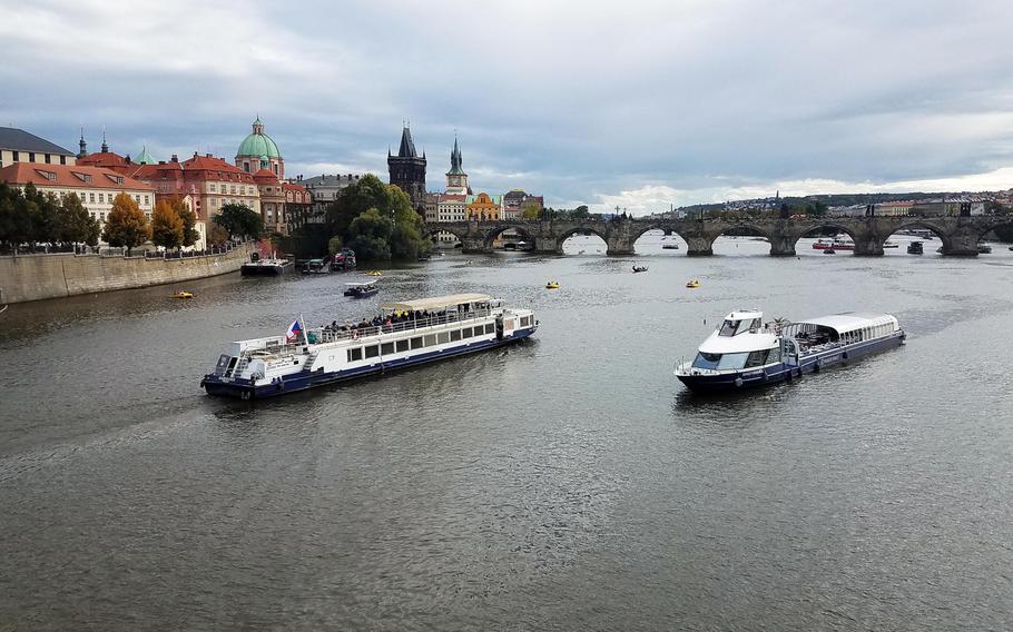 A view of Charles Bridge from the less-trodden Podul Carol bridge, in Prague, Czech Republic.