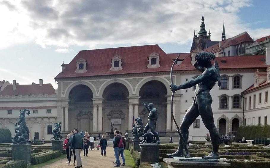 Statues line a pathway inside the Waldstein Garden in Prague, Czech Republic.