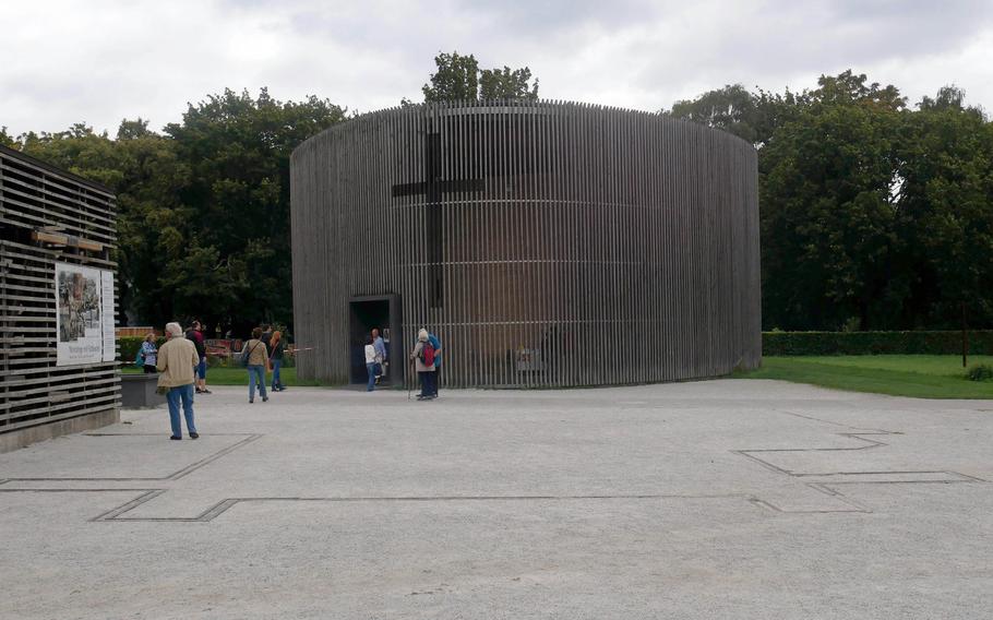 The Chapel of the Reconciliation, part of the Berlin Wall Memorial. Note the outline in stones in front of it that marks where the Church of Reconciliation, destroyed by the East German government in 1985, once stood.