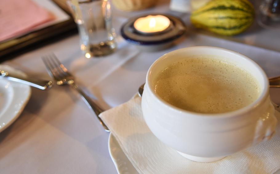 The garlic soup at the Burgschaenke restaurant in Hohenecken, Germany, was creamy and delicious.