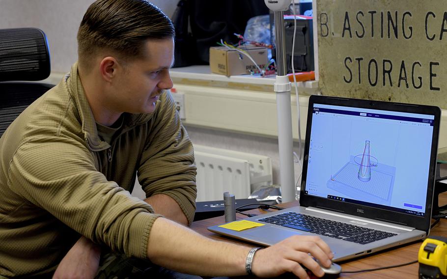 Staff Sgt. William Riddle, a 48th Civil Engineer Squadron Explosive Ordnance Disposal NCO, designs a dummy weapon that will be produced using a 3D printer and used in training by airmen at RAF Lakenheath, England, Nov. 19, 2019.