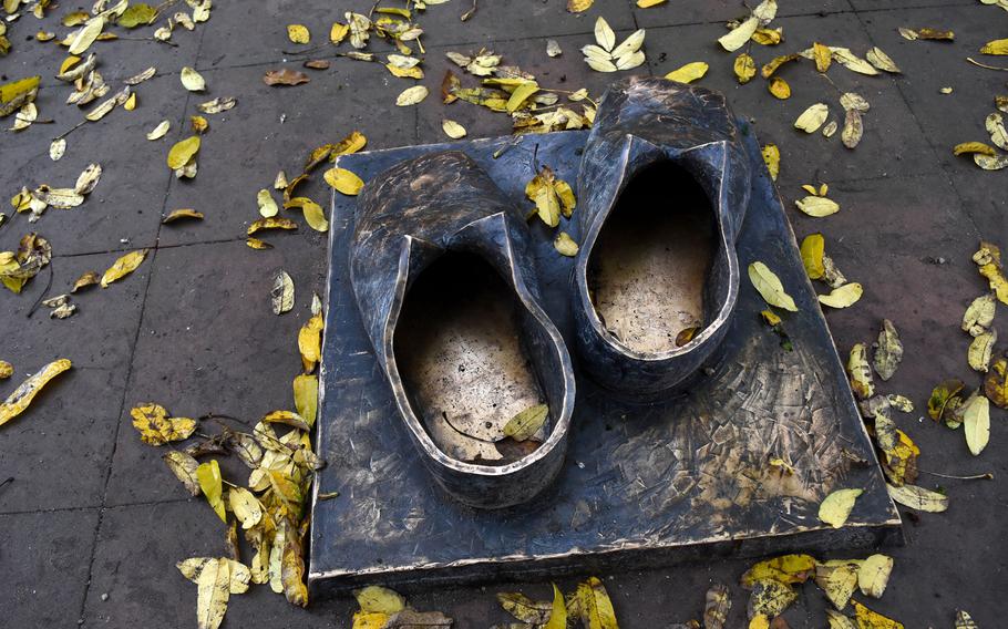 Symbolic shoes represent where Martin Luther refused to recant his teachings in 1521 in Worms, Germany. The site is now part of Heylshof Garden.