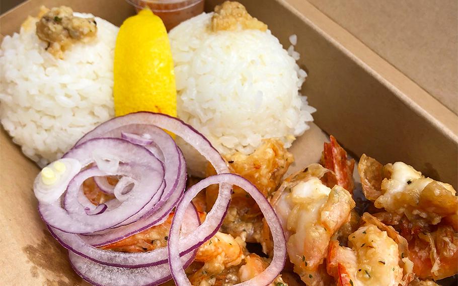 The delicious, decadent spicy garlic shrimp from Kouri Shrimp on Kouri Island, Okinawa, is a must-try for seafood lovers.