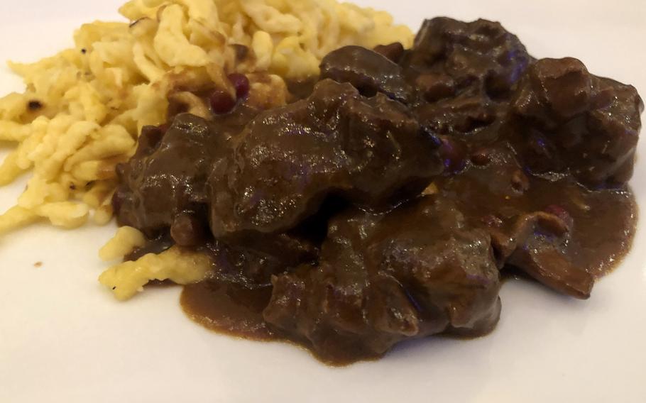 Venison stew with chanterelles and homemade spaetzle, as served at Hotel Monika in Buettelborn, Germany. With this dish, you also get a trip to the salad bar.