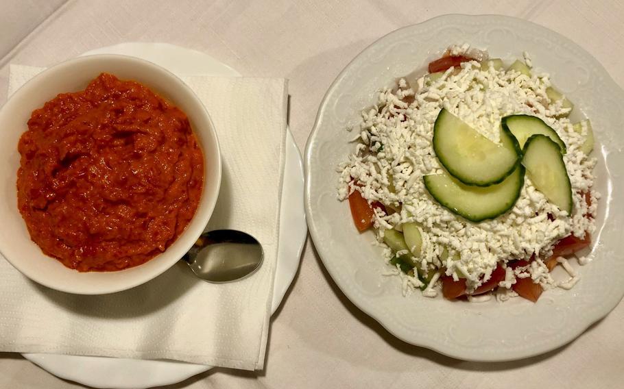 Ajvar and sopska, as served at The Balkan Grill in Kaiserslautern, Germany, are typical Balkan salads.