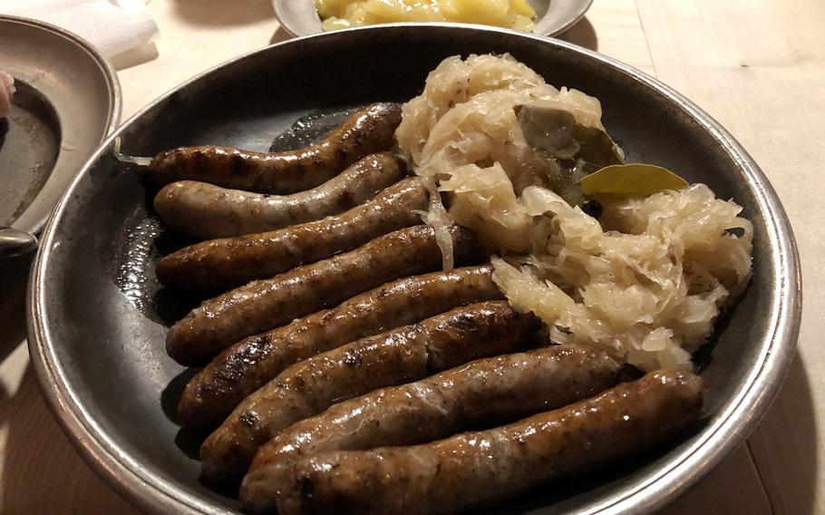 The smoky, marjoram-laced links at Bratwursthausle pare very well with sauerkraut and a vinegar-based potato salad.