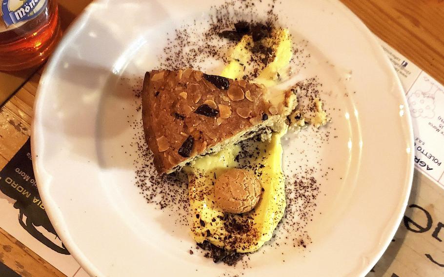 The chocolate and almond tart is one of the delicious assortment of homemade desserts offered at the German Pub and Alehouse in Sacile, Italy.