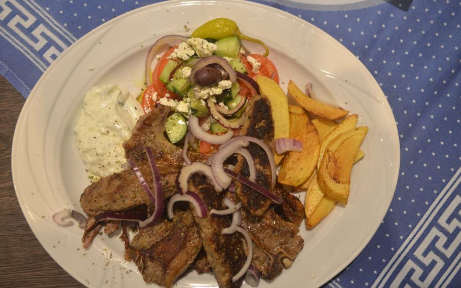 The Leonidas and the 300 has three lamb chops, three soutzoukakia and gyro meat. It is served with potatoes, tzatziki and a Greek salad.