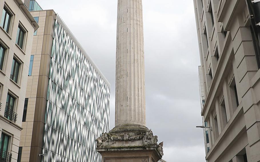 The Monument, at the junction of Monument Street and Fish Street Hill in the City of London, is dedicated to the great fire of London of 1666 that burned for three days and destroyed much of the city.
