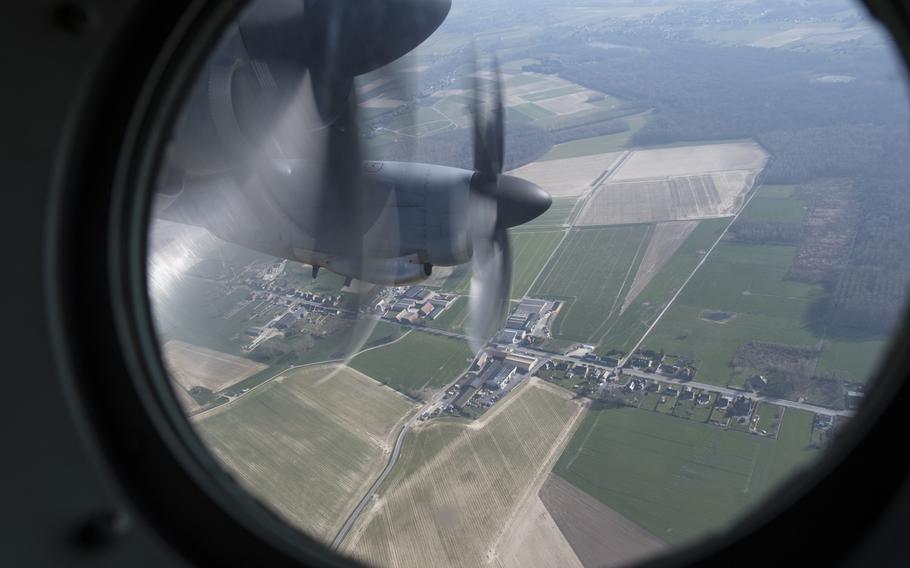 A U.S. Air Force C-130J Super Hercules aircraft flies over Belgium, March 26, 2020, on a training mission.