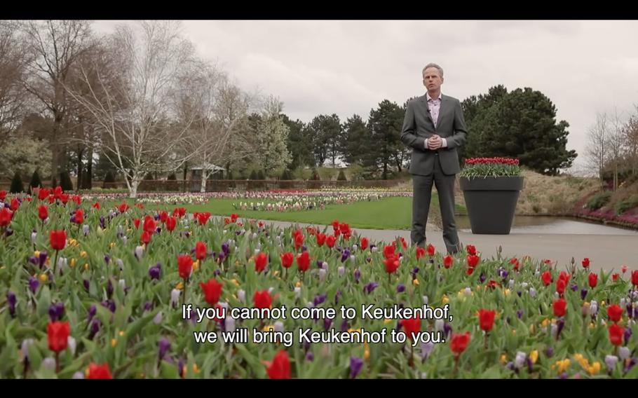 Bart Siemerink, the managing director of Keukenhof, leads a virtual tour of the famous gardens on the outskirts of Lisse, Netherlands, in this screen shot from YouTube video. Keukenhof is closed to the public this year because of the coronavirus.
