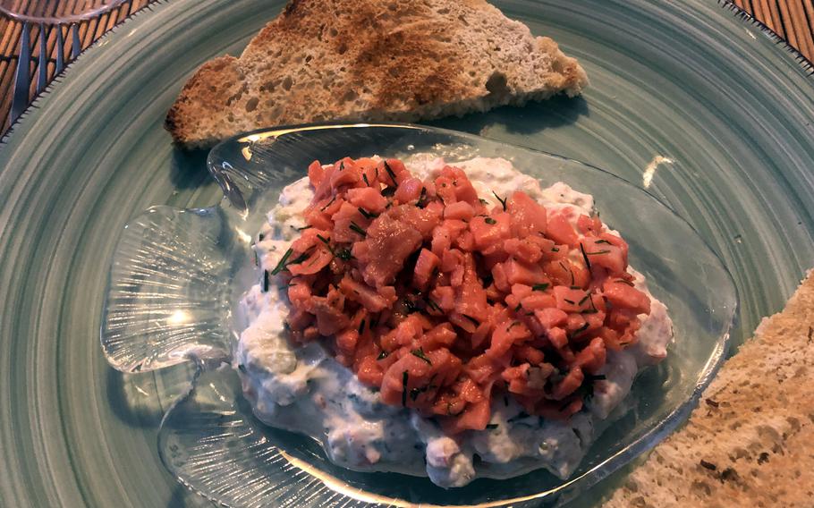 Smoked salmon tartare served with a slice of home-baked toast was the starter for a recent wedding anniversary dinner.