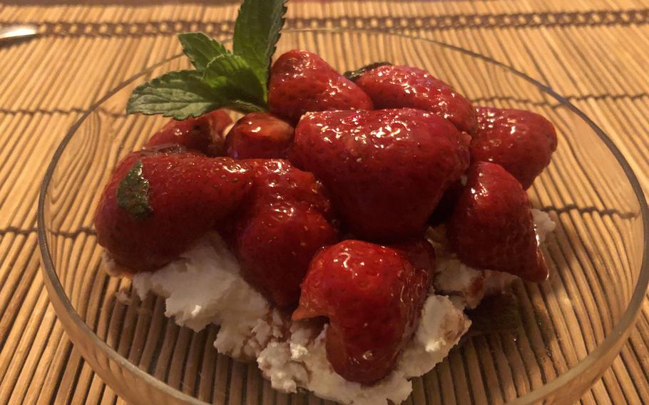 Balsamico strawberries, made with balsamic vinegar,  mascarpone and mint, as served for desert.