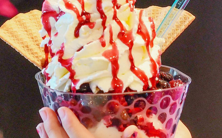 A mixed berry sundae from Palazzo Sandro in Kaiserslautern, Germany, is one of dozens of cold treats that the ice cream shop delivers to addresses up to 3.75 miles away. 
