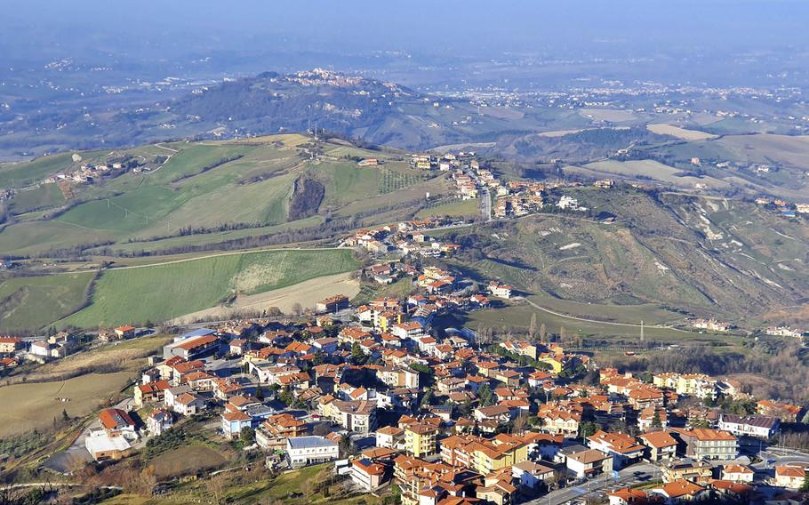 View of part of the country of San Marino, from San Marino City, which  was built on Mount Titano, one of the peaks of the Apennine mountains.