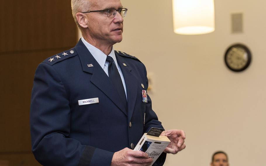 Lt. Gen. Jeffrey A. Rockwell, U.S. Air Force judge advocate general, speaks during an investiture ceremony on Joint Base Andrews, Md. in October 2018. The Air Force???s top lawyer says the service needs to reform its judicial system to address the high rates of punishment for black junior enlisted airmen and other racial inequities.