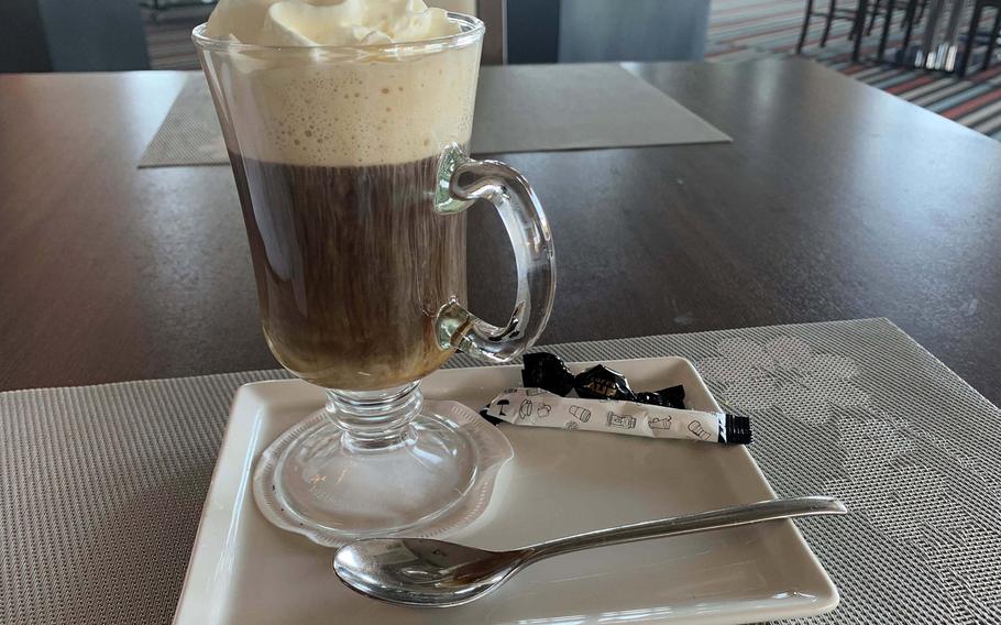 Irish coffee is one of the drinks available at the Yachtova restaurant in Mikolajki, Poland. The sweet, whipped cream-topped coffee with a punch also doubles as dessert.