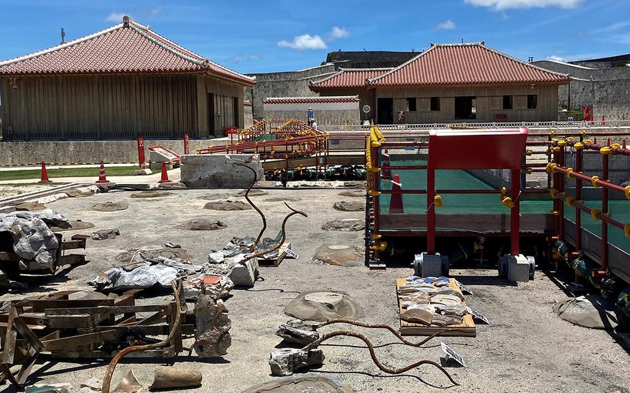 Dairyuchu, or the great dragon pillars, were destroyed by the fire at Shuri Castle, Okinawa, on Oct. 31, 2019. The remnants are exhibited on the ground.