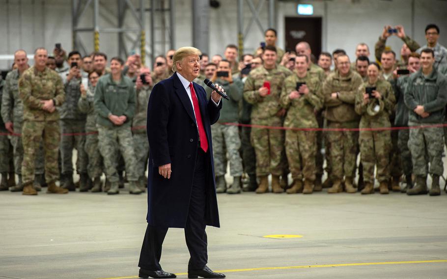 President Donald Trump speaks to troops at Ramstein Air Base, Germany, in December 2018. A bipartisan group of senators introduced an amendment to the National Defense Authorization Act, to block Trump's plan to cut the number of U.S.troops in Germany.