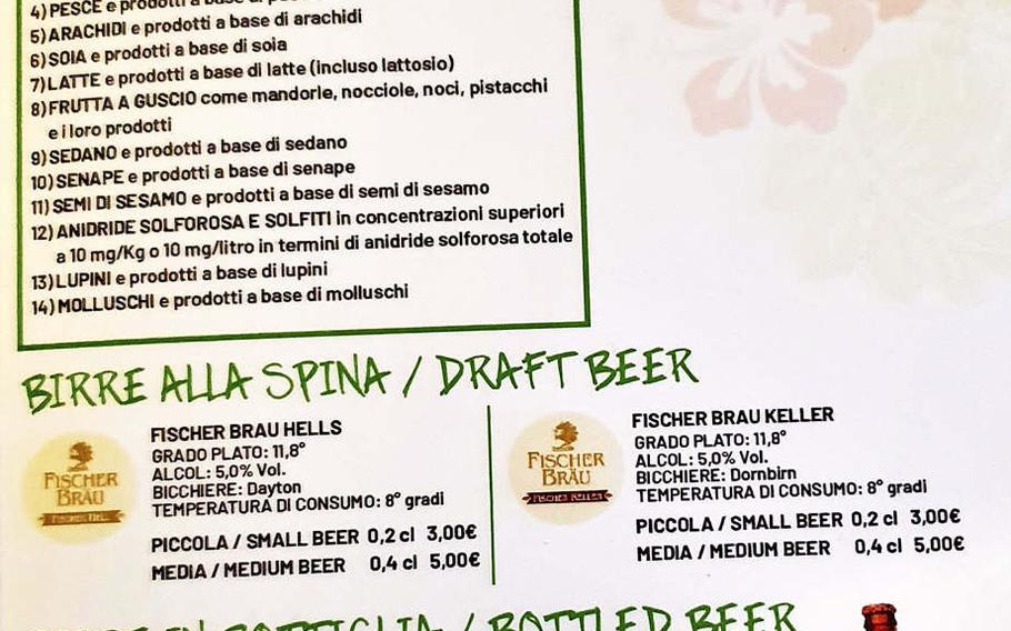 A menu page showing available desserts, draft beer and wine at Boom Brasil, a recently opened restaurant in Sacile, Italy. The restaurant serves traditional Brazilian cuisine as well as fantastic cocktails.