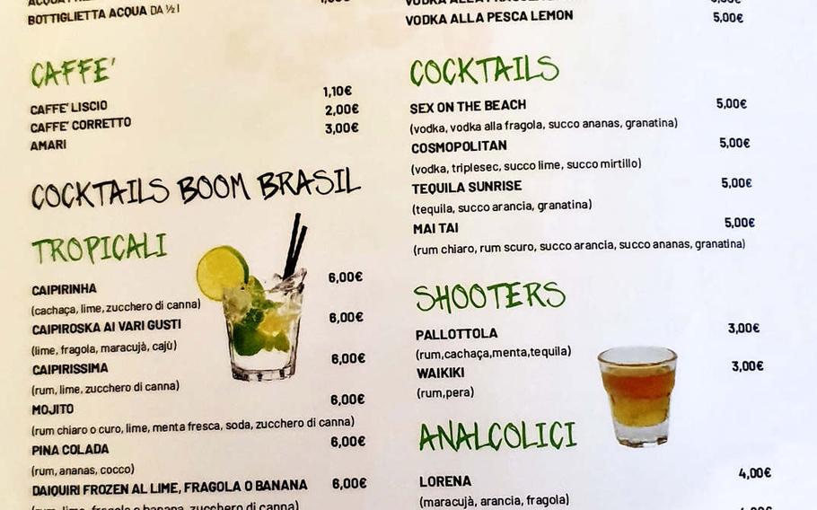 A menu page showing available drinks at Boom Brasil, a recently opened restaurant in Sacile, Italy.