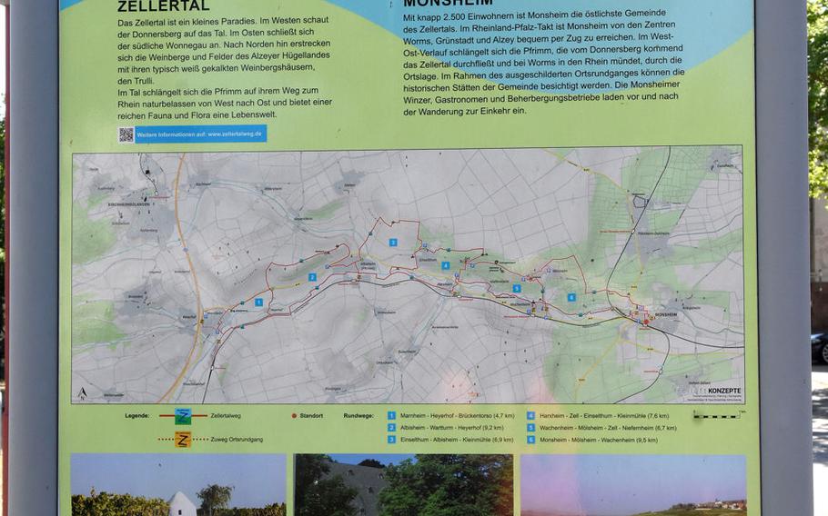 A sign posted in Monsheim, Germany, shows the route of the Zellertalweg, a series of connecting trails that winds 24 miles through the Zell wine-growing region in Rheinland-Pfalz.