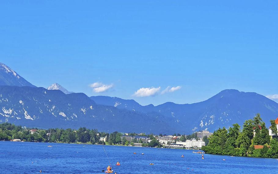 A view of Bled Island, right, and Bled Castle, left, from Lake Bled, in Slovenia.
