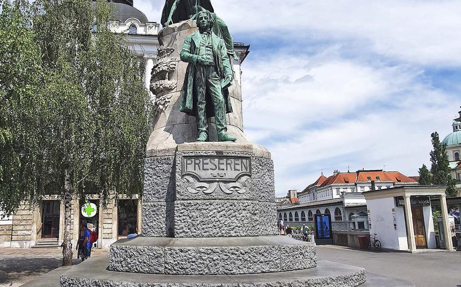 A statue of France Preseren, a Slovenian poet who is best known for his sonnets, in Slovenia's capital city, Ljubljana.