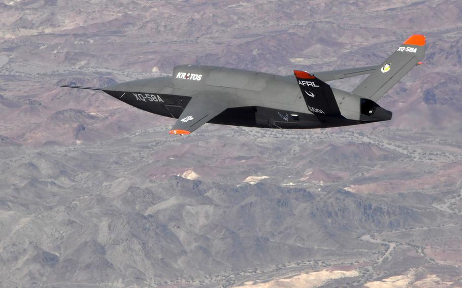 The XQ-58A Valkyrie demonstrator, a long-range, subsonic drone, conducts a 2019 flight.