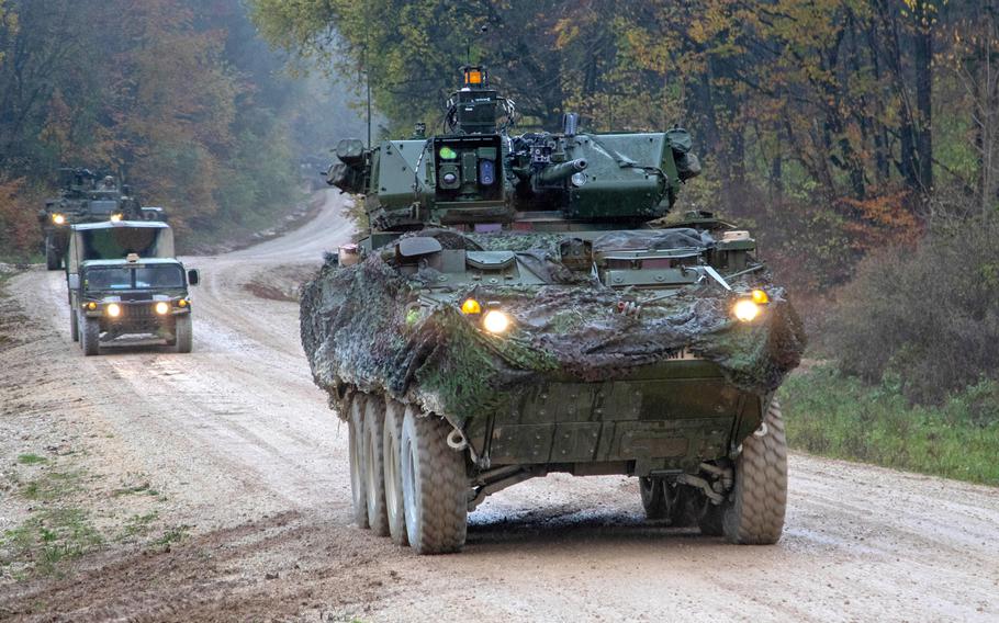 A Stryker armored vehicle from 1st Squadron, 2nd Cavalry Regiment, moves to a forward position during an exercise in Hohenfels, Germany, in November 2019. Vilseck-based 2 CR is one of the units picked to leave Germany as part of the Pentagon's plan to cut troops in the country.