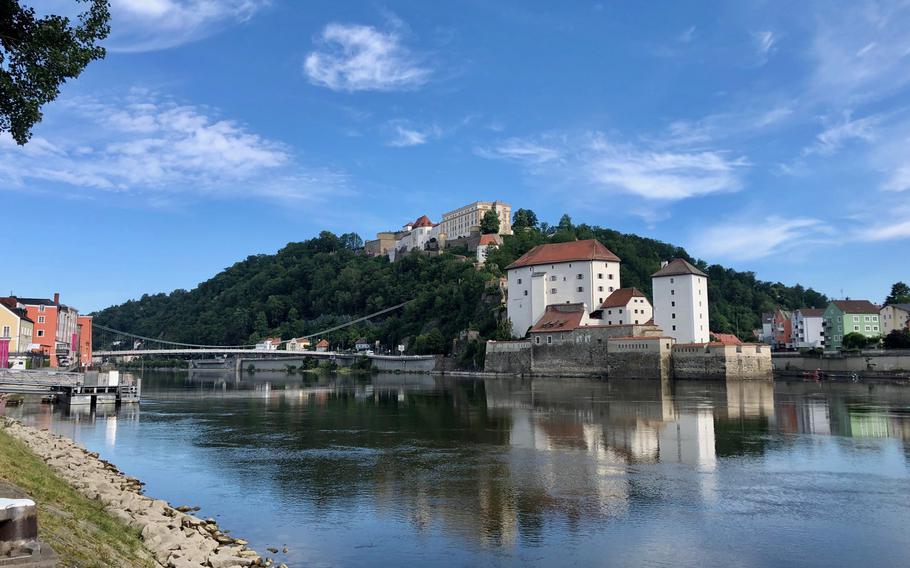 The Danube River at Passau, with the immense Veste Oberhaus fortress perched on the hill overlooking the old town.