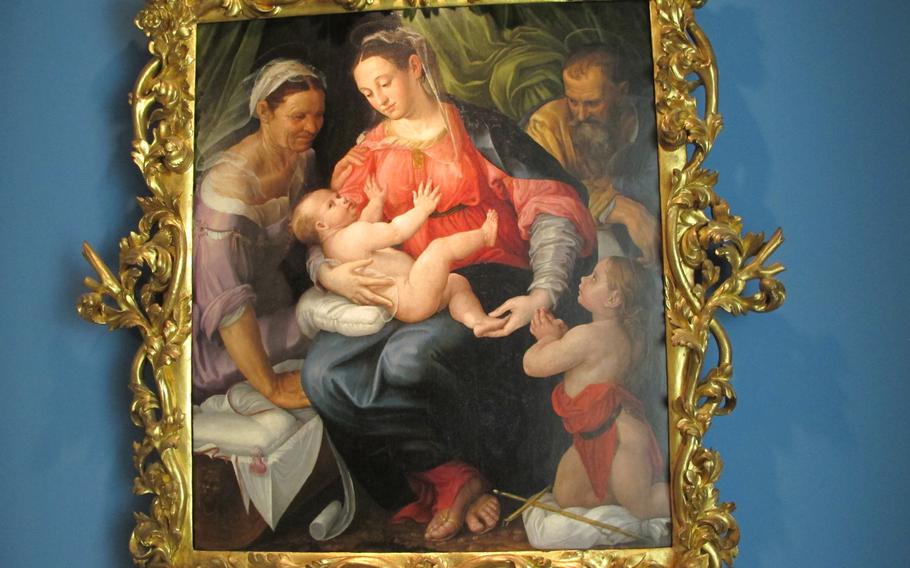 Prospero Fontana is thought to have painted this image of Mary and a merry baby Jesus on display at the Palazzo Chiericati in Vicenza in about 1539. The older gentleman is Joseph while the older lady is Saint Elizabeth, mother of a very young John the Baptist. ''Only Saint John, with his hands joined, kneels in sign of adoration, is aware of the identity and destiny of the newborn,'' according to museum notes.